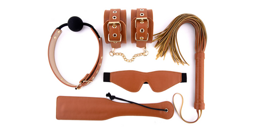 Elite BDSM Cognac Vegan Leather Set on white background.