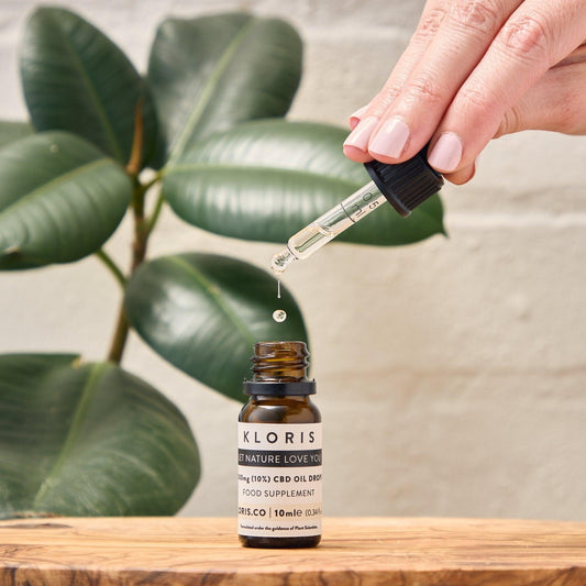 Hand using a dropper to extract CBD oil from a bottle labeled 'Xloris' with a plant in the background.