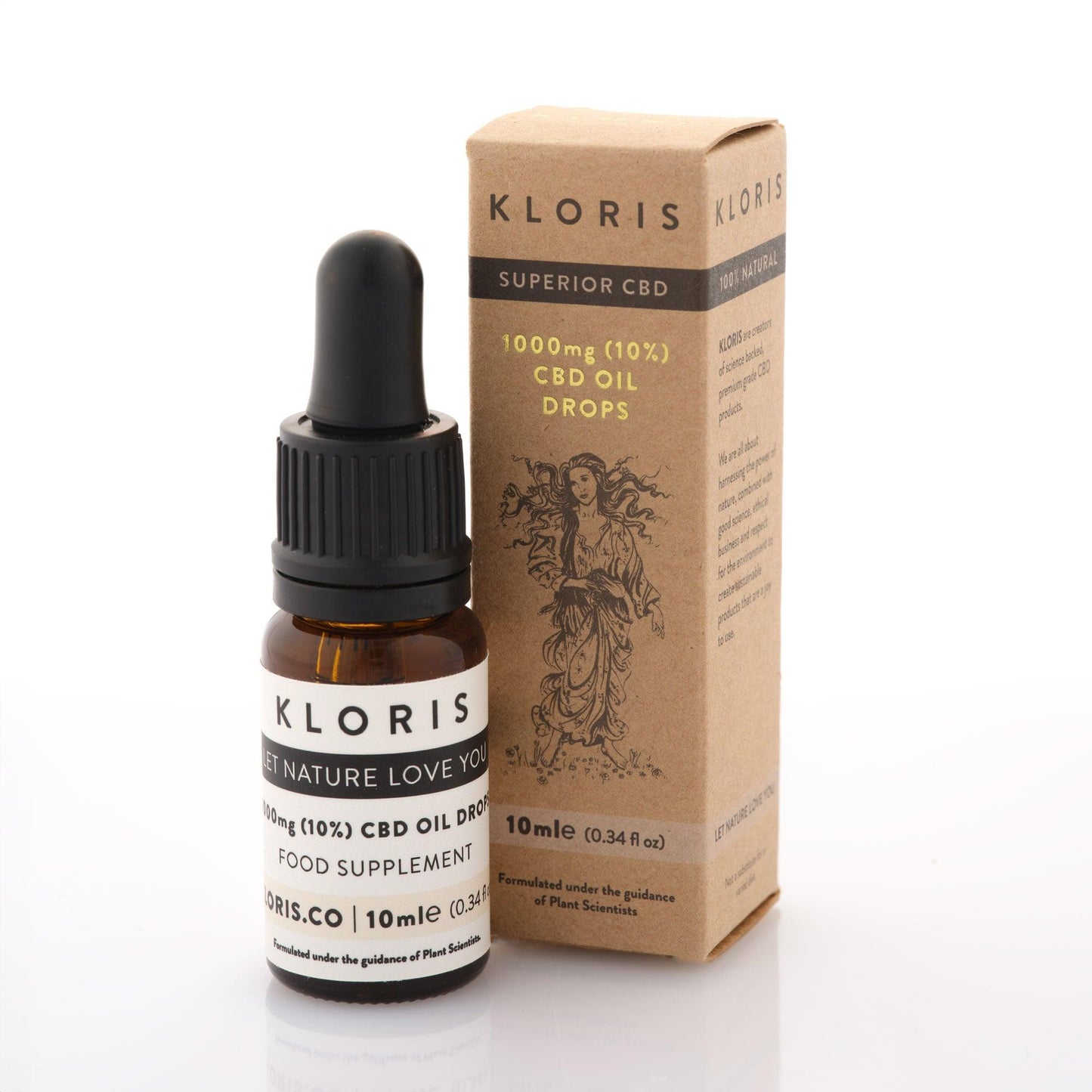 Kloris CBD oil bottle and packaging on a white background