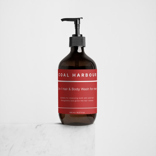 Bottle of Coal Harbour men's hair and body wash on a white background