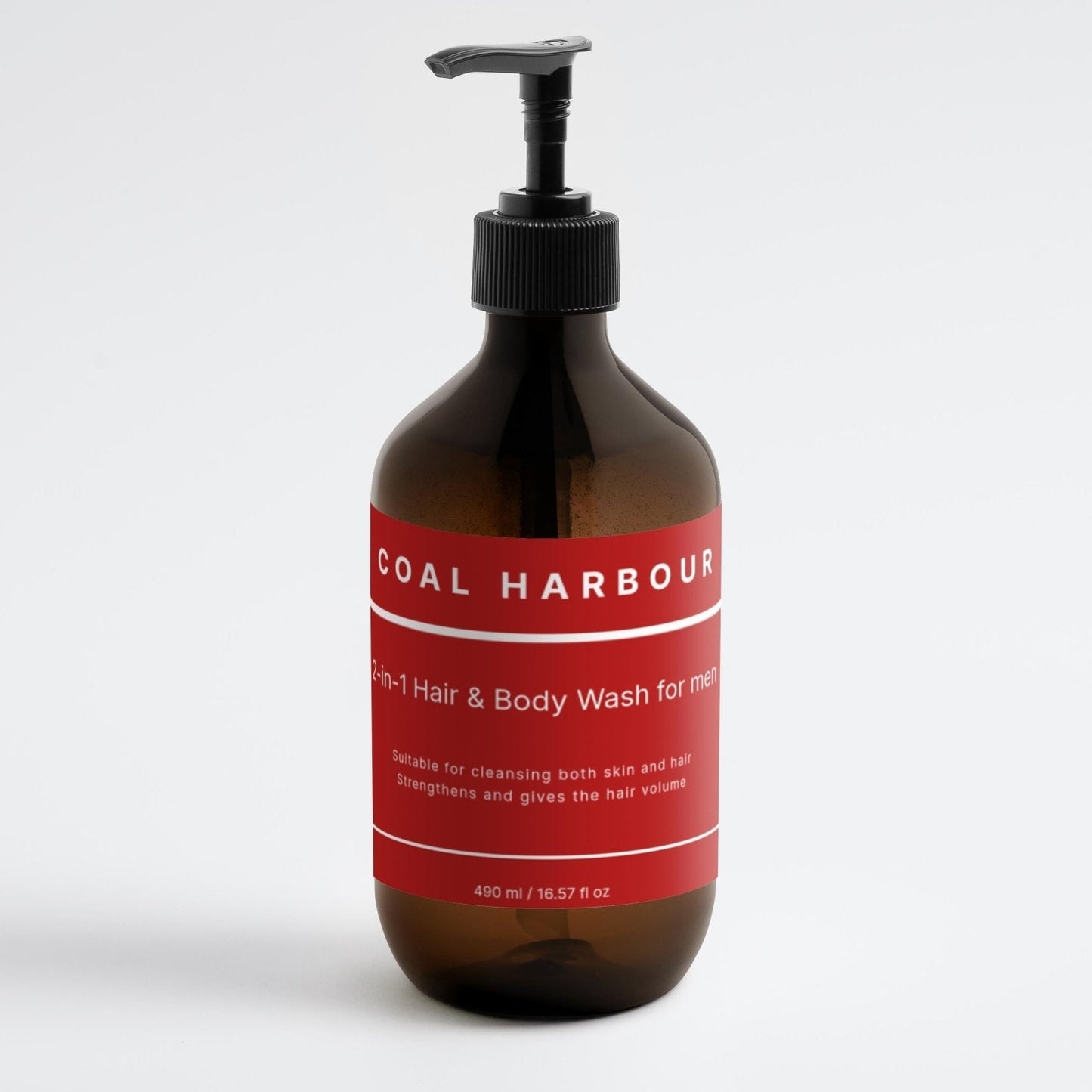 Brown bottle with red label on a white background
