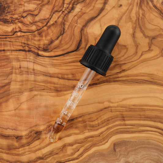 Clear dropper bottle with black cap on a wooden surface