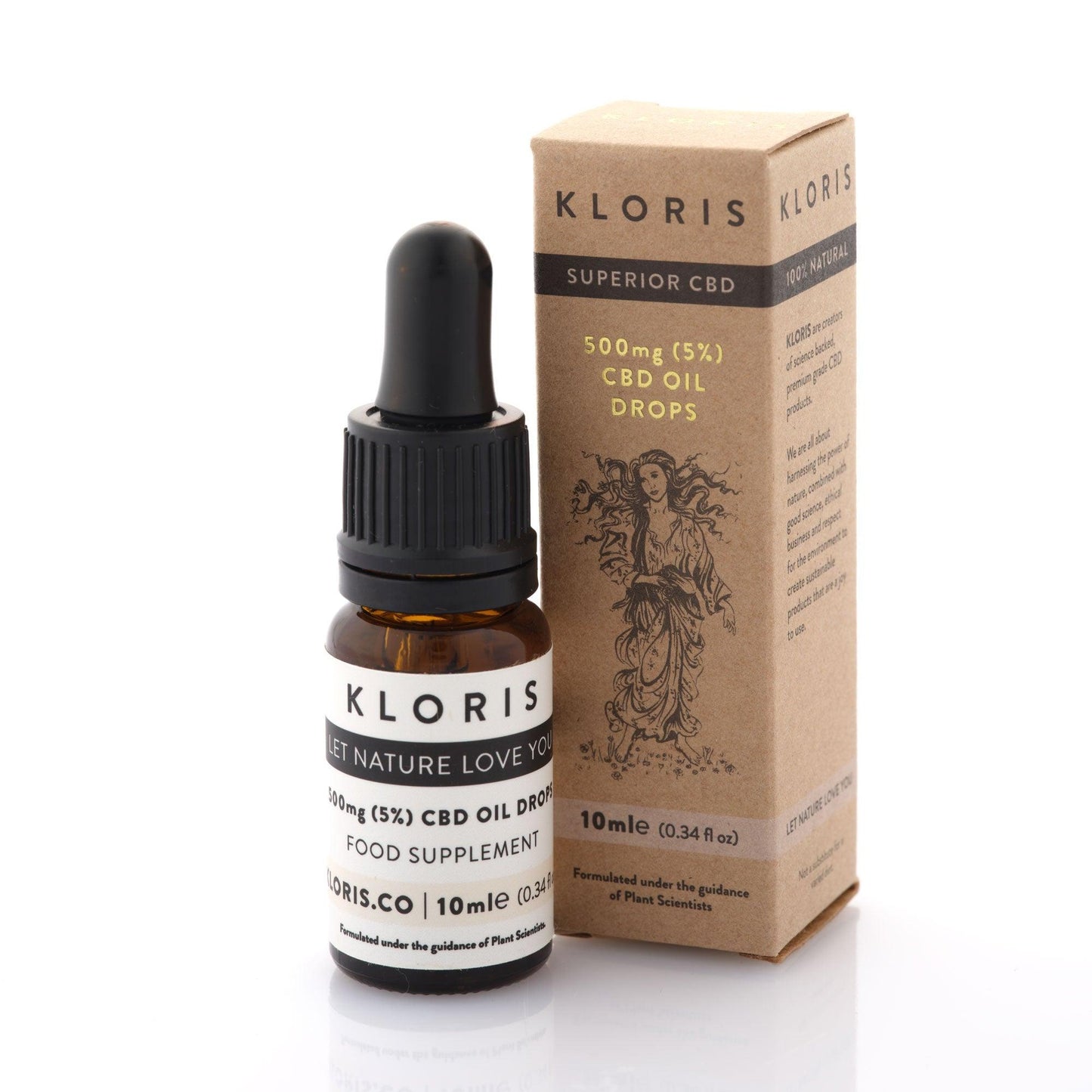 Kloris CBD oil bottle and packaging on a white background