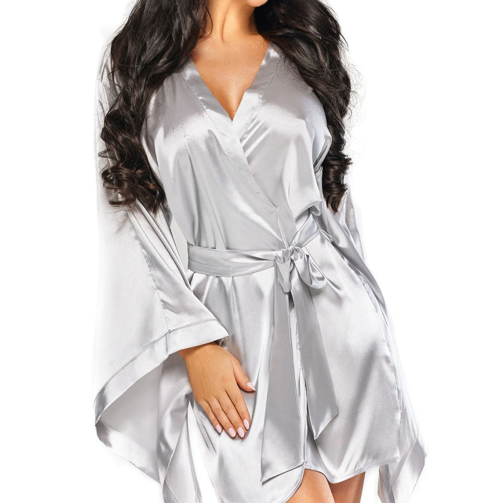 lady wearing a silver robe against white background.