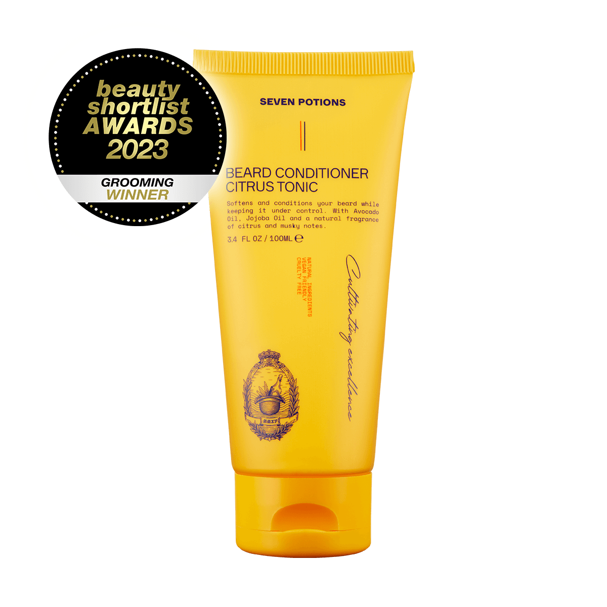 Yellow tube of Seven Potions beard conditioner with a Beauty Shortlist Awards 2023 badge on a black background