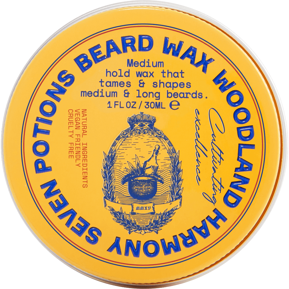 Beard wax container with yellow label and blue text on a grey background