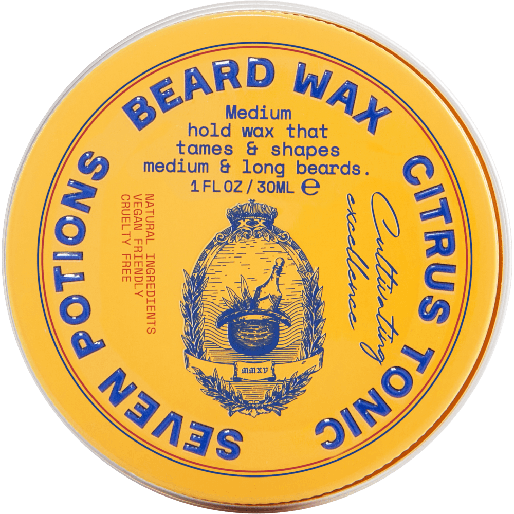 Yellow container of Beard Wax with blue text and branding on a gray background