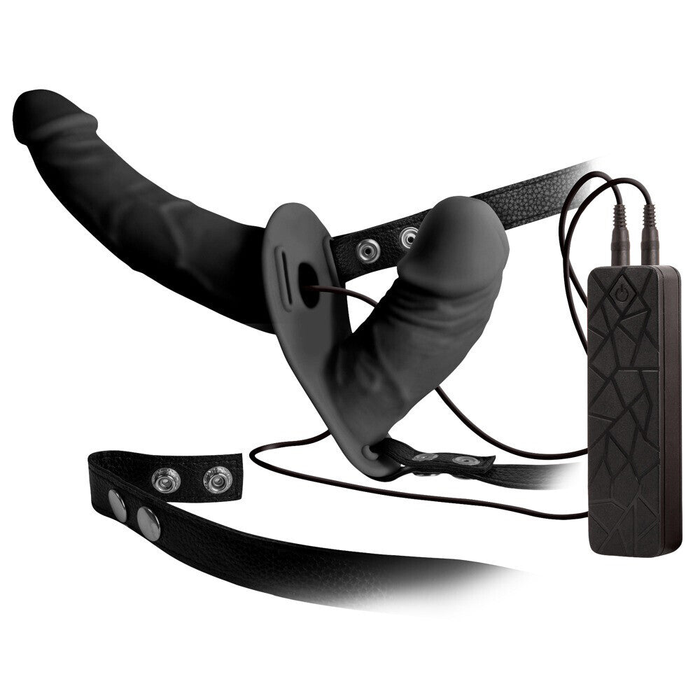 Black Double Thruster Vibrating Duo With Harness on white background. image 1