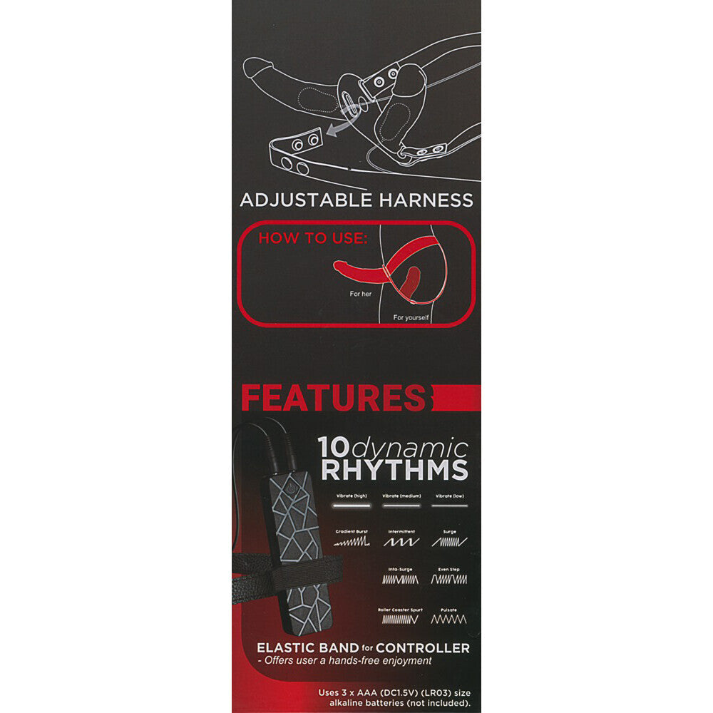 Black Double Thruster Vibrating Duo With Harness features on white background. image 2