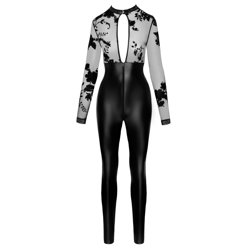 black jumpsuit with a lacey top. on a white background. image 2