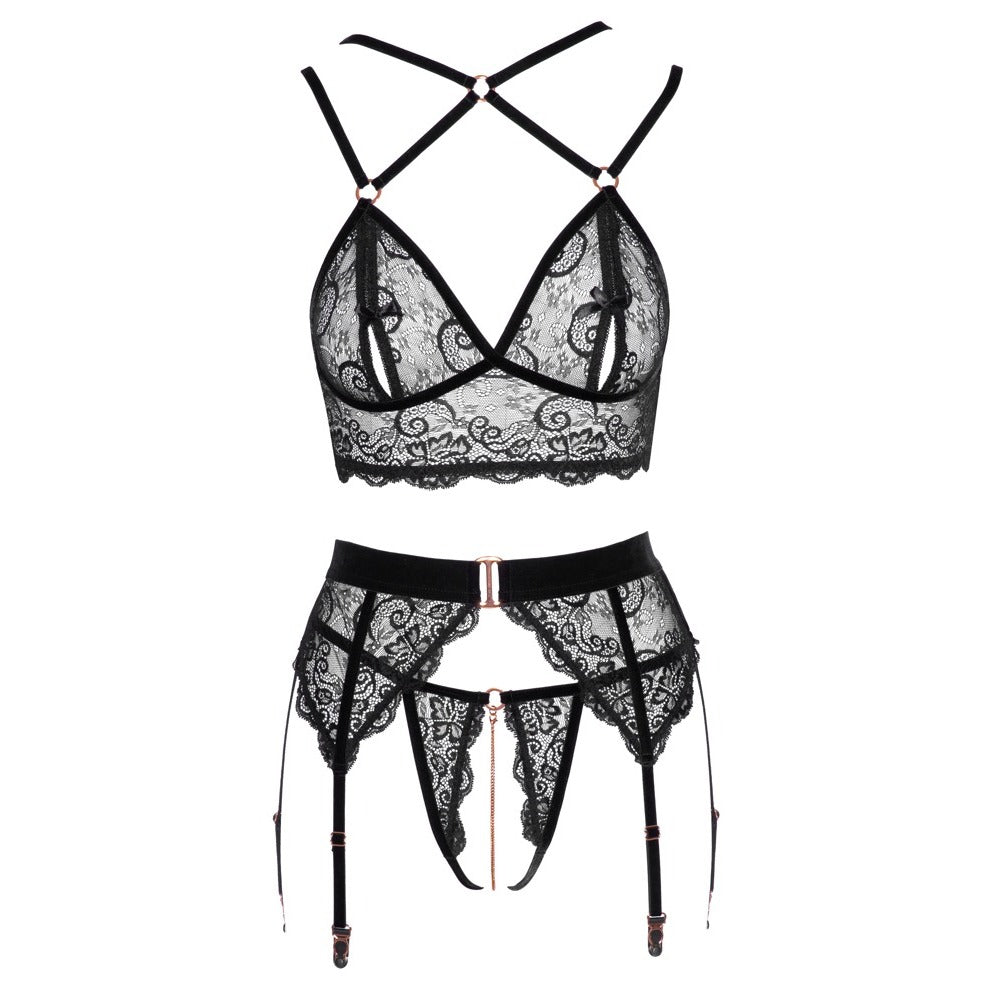 Black Lace & Velvet Suspender Lingerie Set2