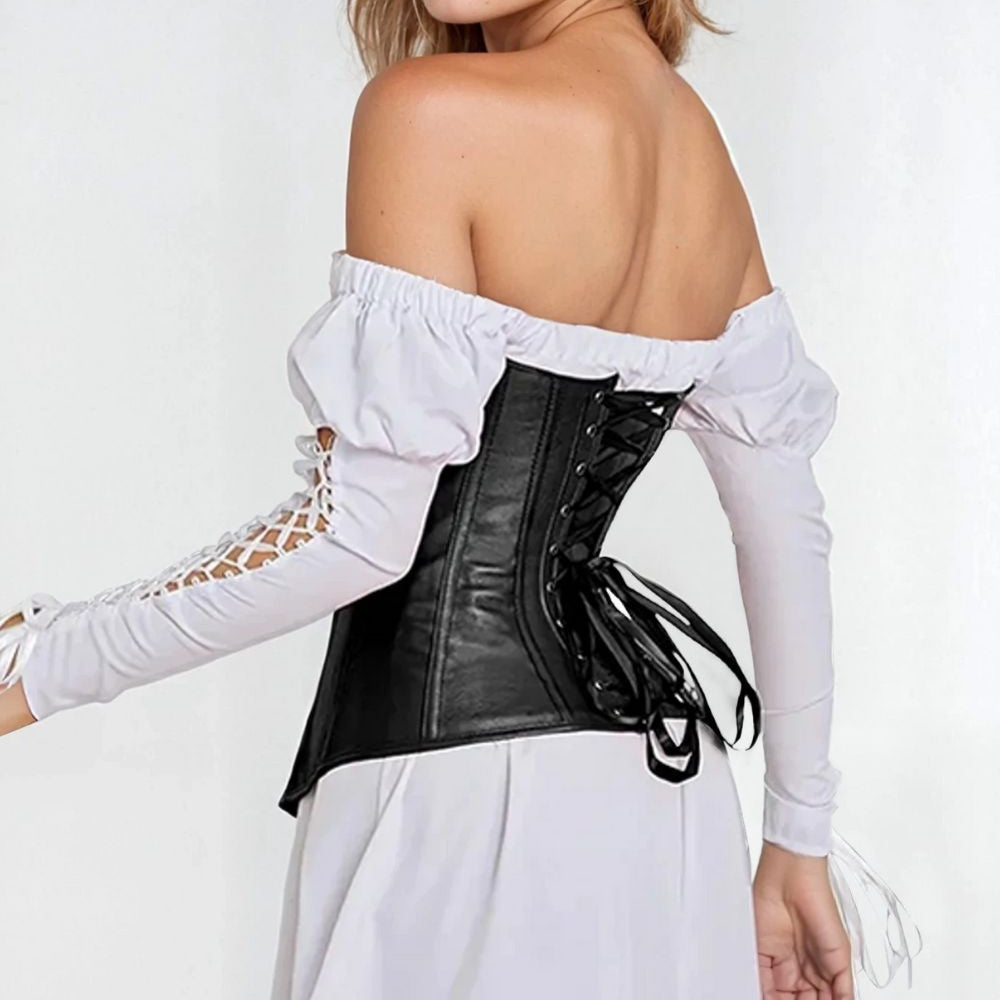 Lady wearing a black corset over a white dress