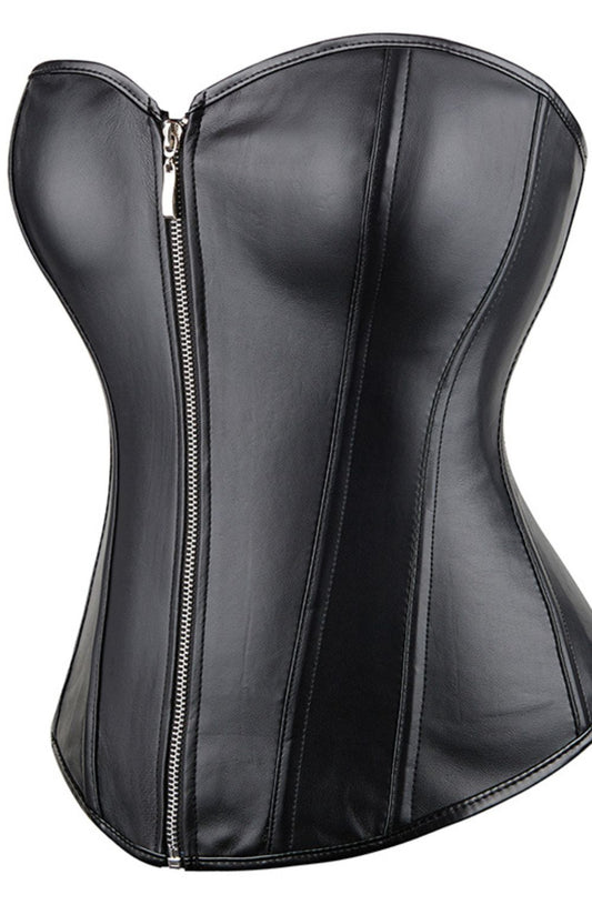 Black leather corset zipped up