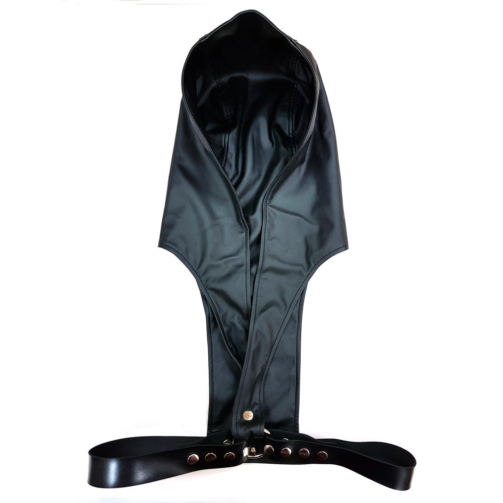 Black Leather Harness with Faux Leather Hoodie on white background. image 2