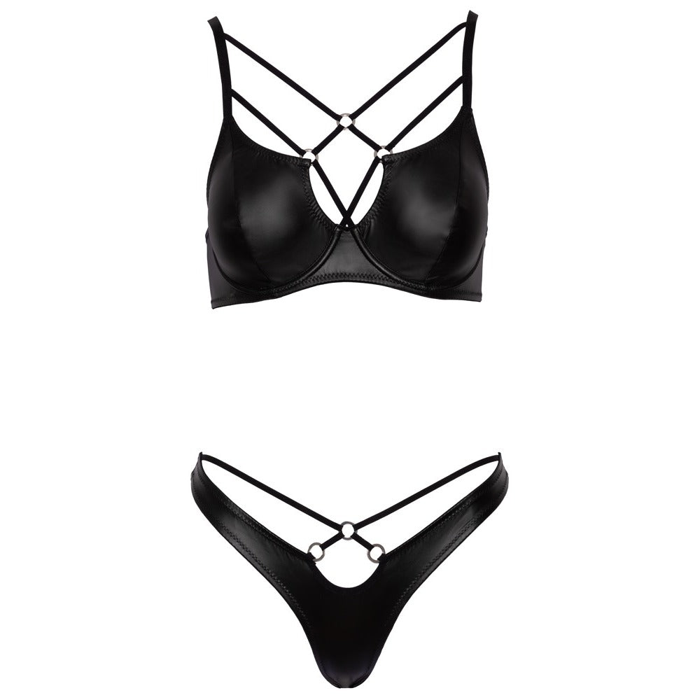 Black Matte Bra & Rio String Set with Strap Detail2