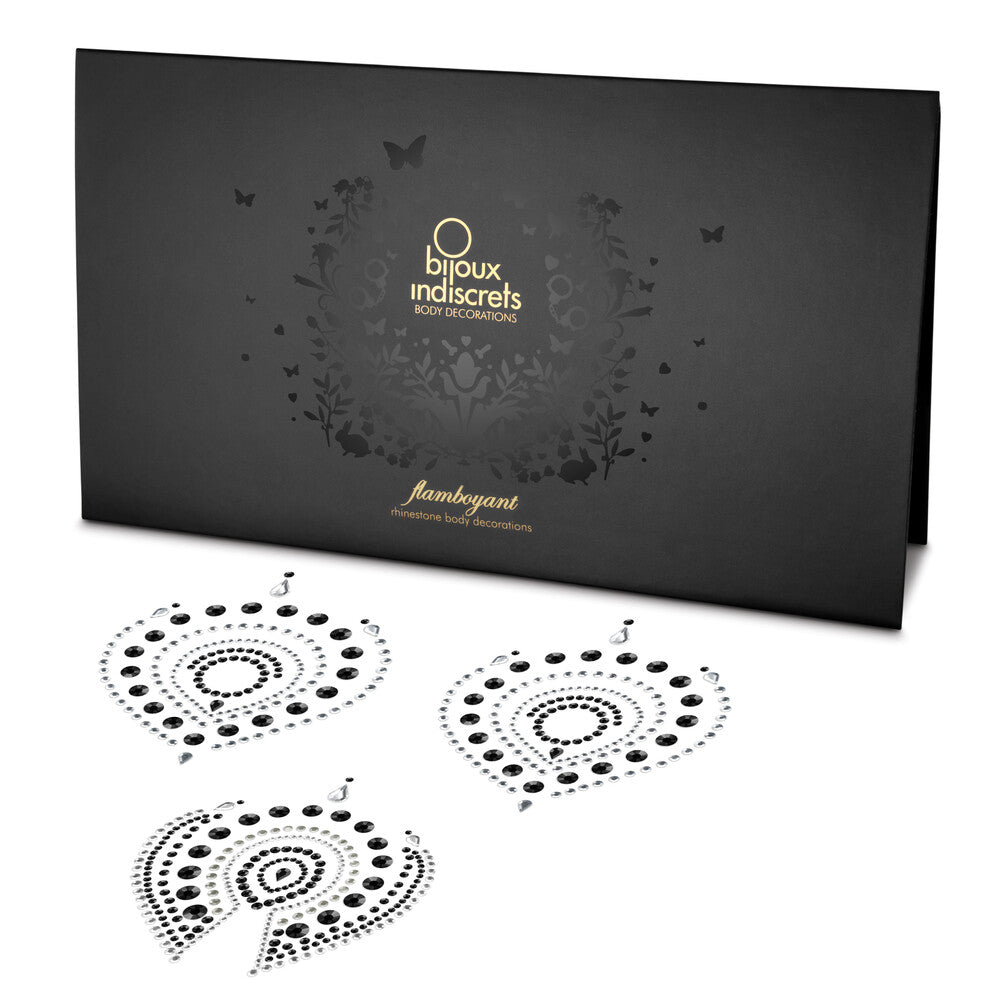 3 piece body jewellery set with nipple stickers and belly tattoo, with packaging on a white background. image 1