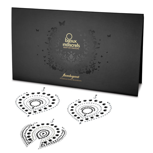 3 piece body jewellery set with nipple stickers and belly tattoo, with packaging on a white background. image 1