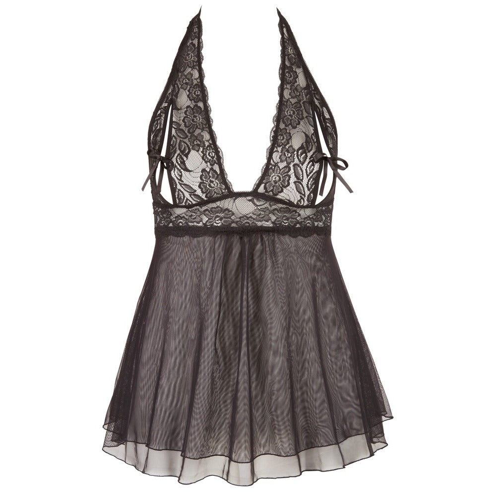 Black Slit-Cup Babydoll with Halterneck & Bow2