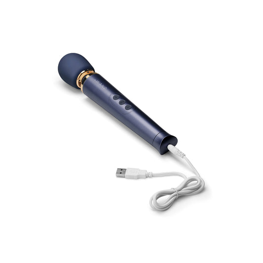 Blue Petite Rechargeable Vibrating Wand with charger on white background. image 2