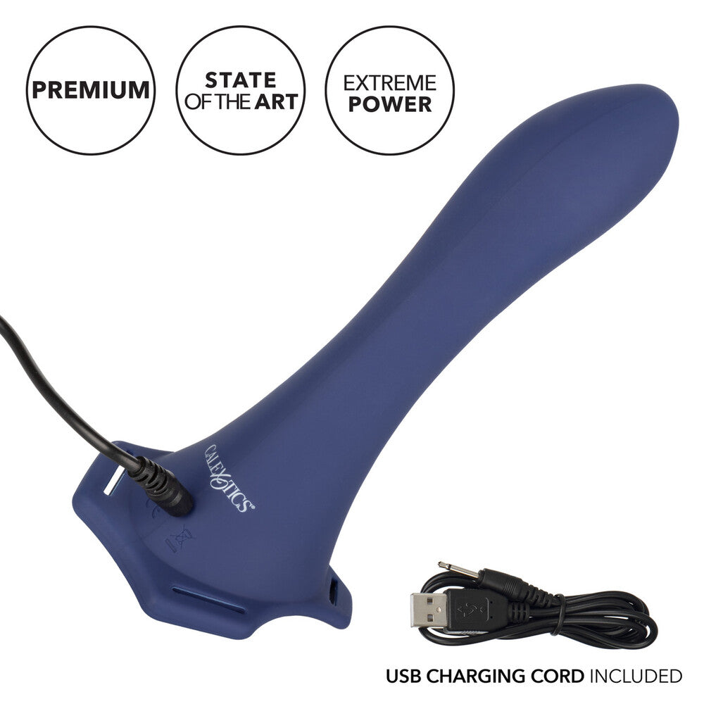 Blue Thumper Strap On With Rechargeable Vibe on body charger and features on white background. image 3