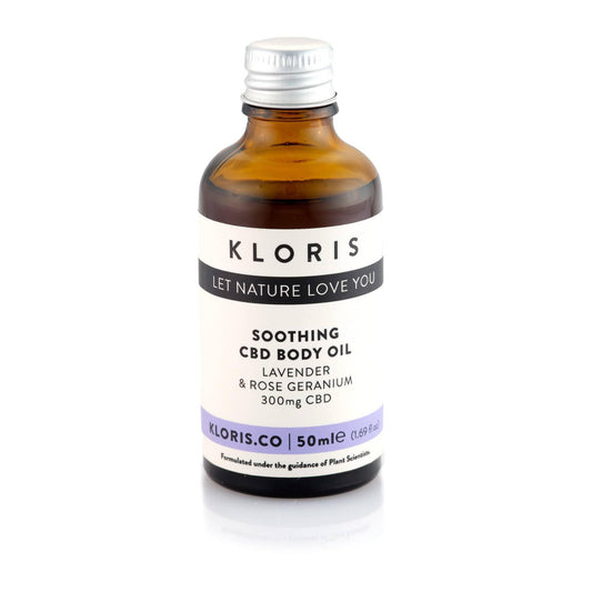 Kloris CBD body oil bottle on a white background