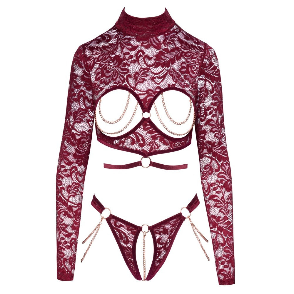 Dark Red Lace & Chain Lingerie Set3
