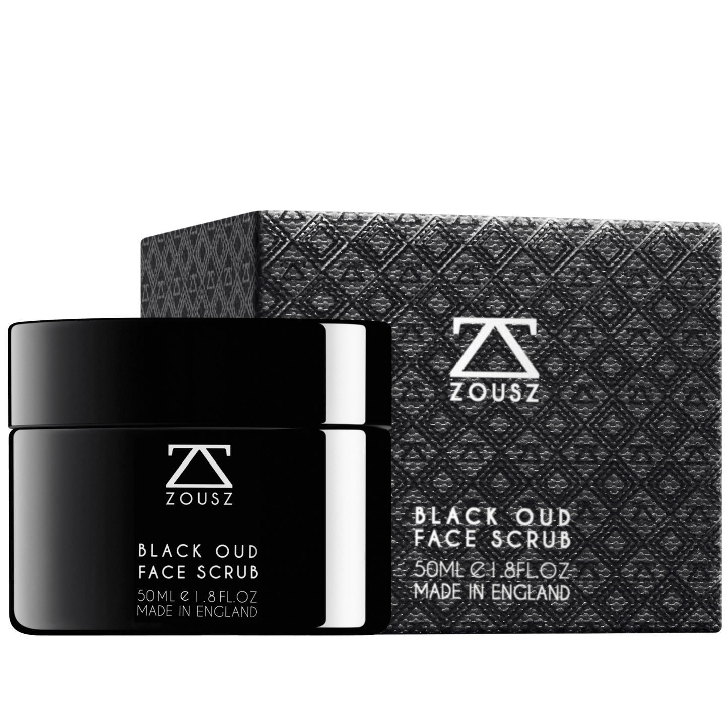 Zousz Black Oud Face Scrub with packaging on a white background