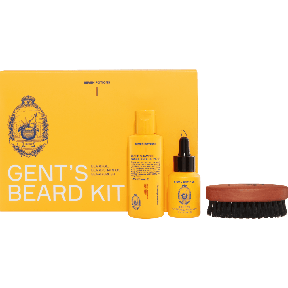 Gent's Beard Kit with yellow packaging and beard care products on a blue background