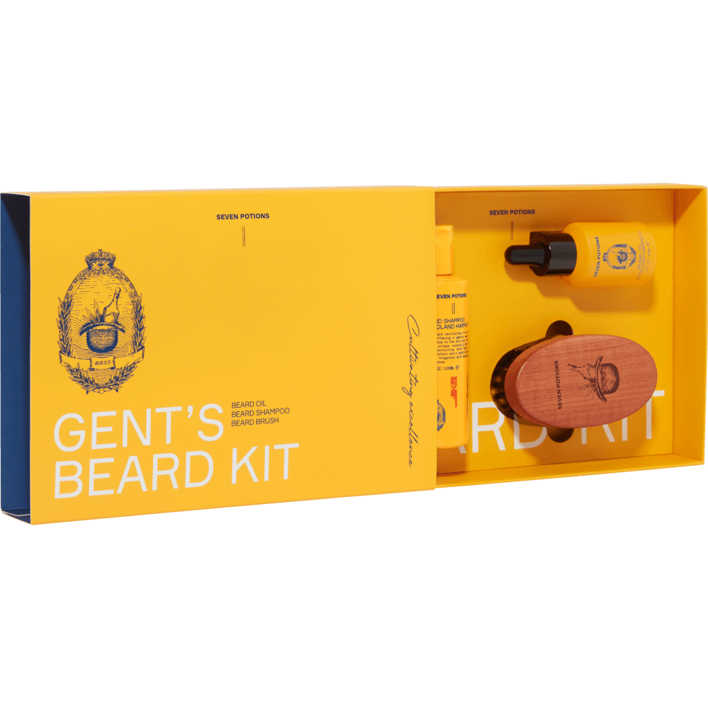 Gent's Beard Kit packaging with yellow and blue design on a gray background