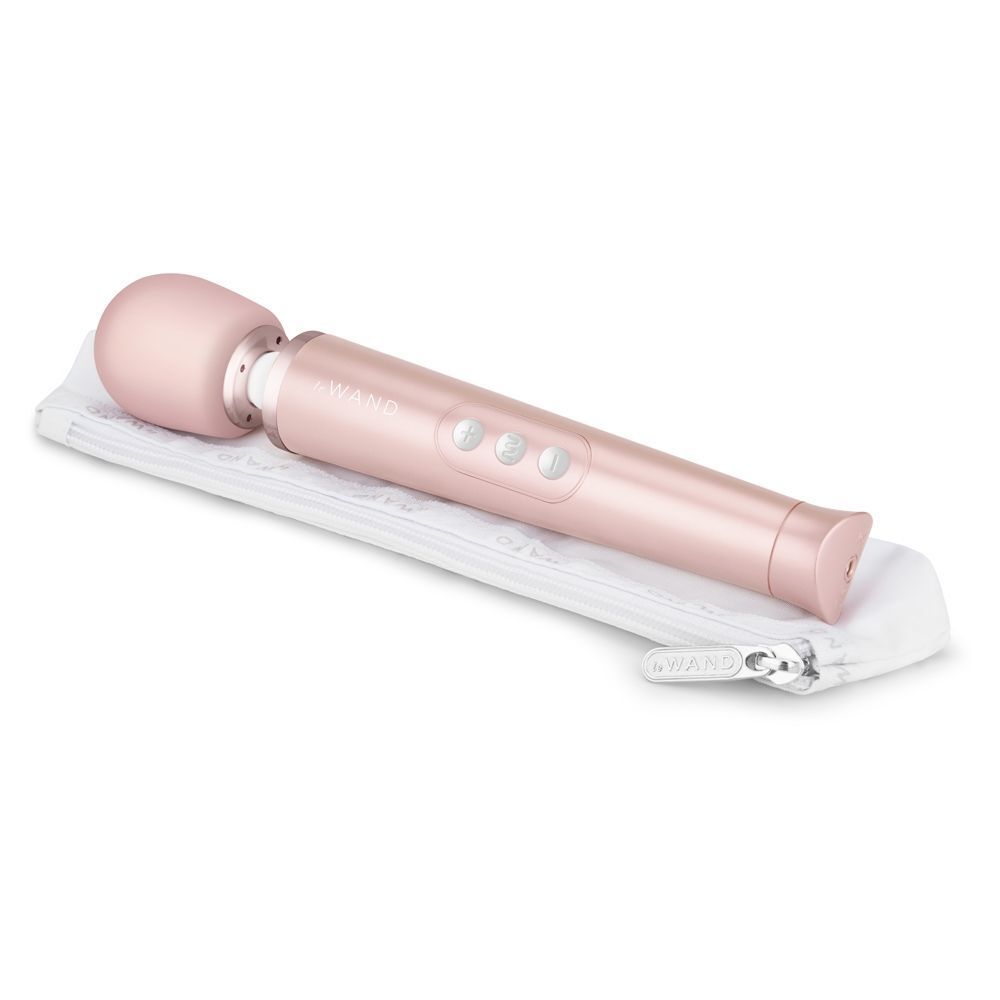Gold Petite Travel Rechargeable Wand with bag on white background. image 3