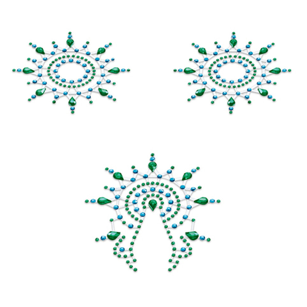 3 piece set of nipple covers and vagina jewels on a white background. image 1