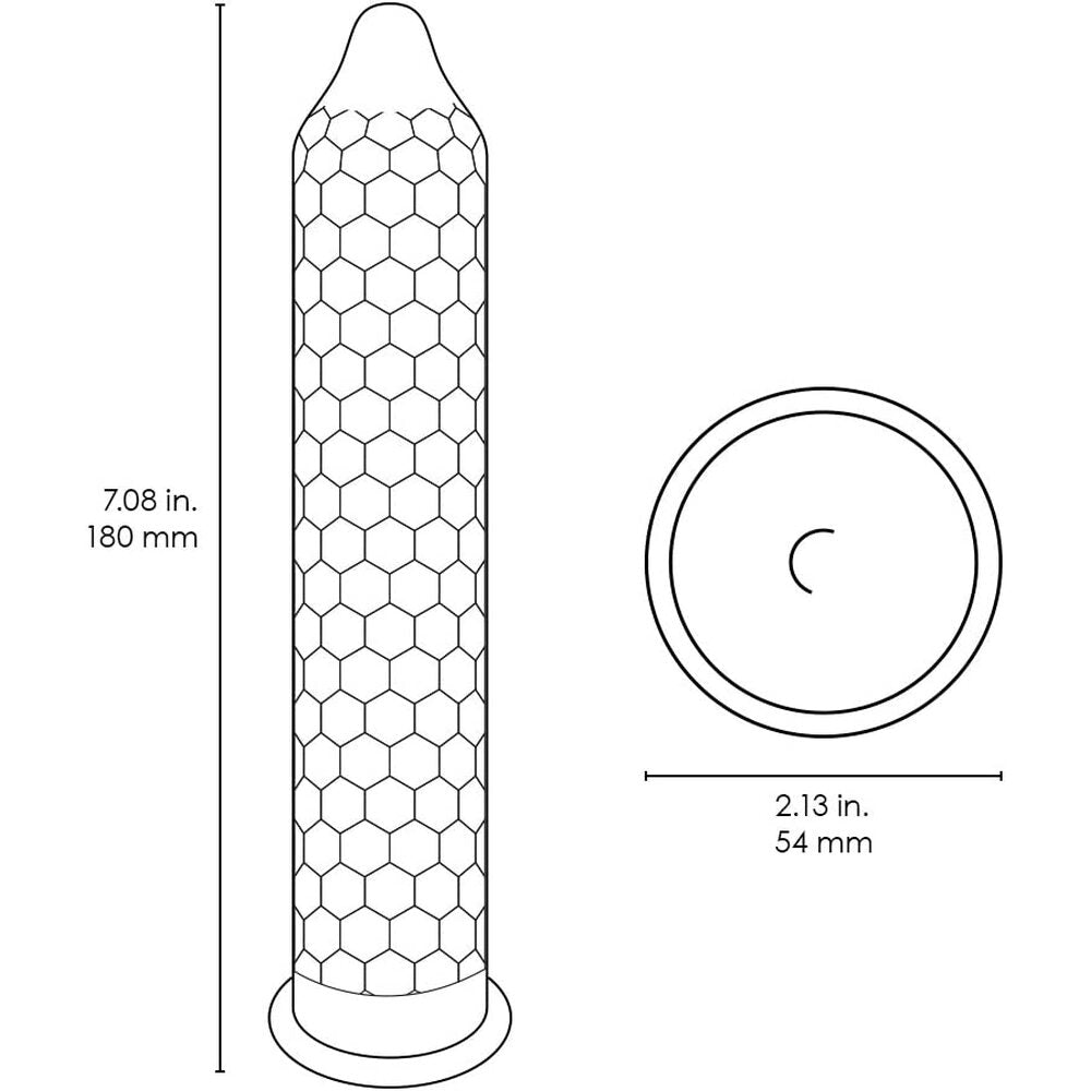 size guide on hex condom on whnite background. image 3