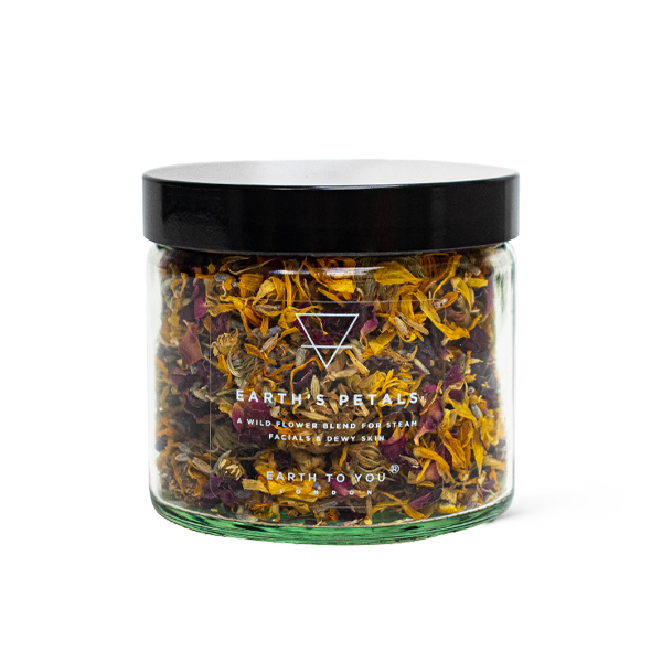 Jar of dried flowers with 'Earth's Petals' branding on a white background