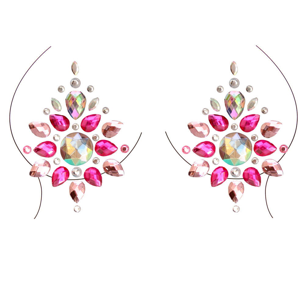 jewelled nipple stickers sat on a drawing of boobs on a white background. image 1