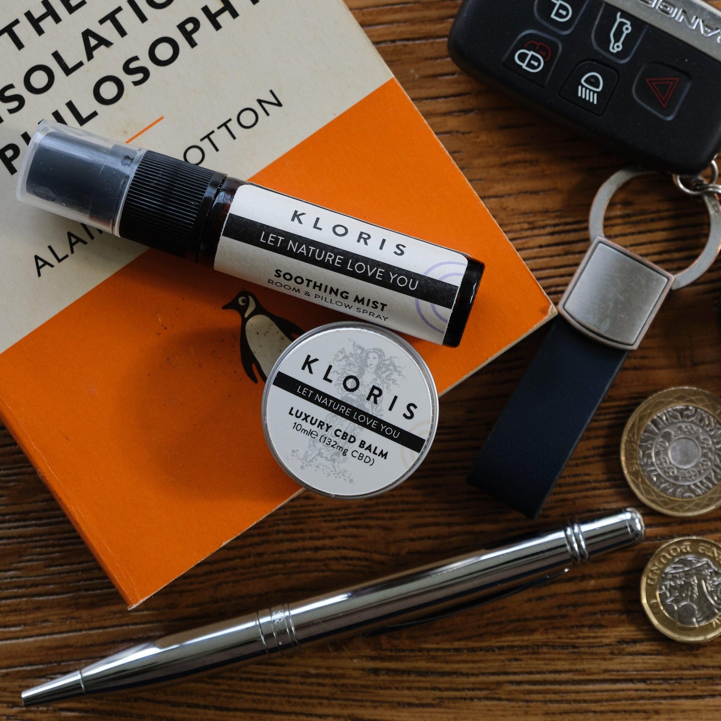 Kloris products including a spray bottle and balm on a wooden surface with coins and a pen.