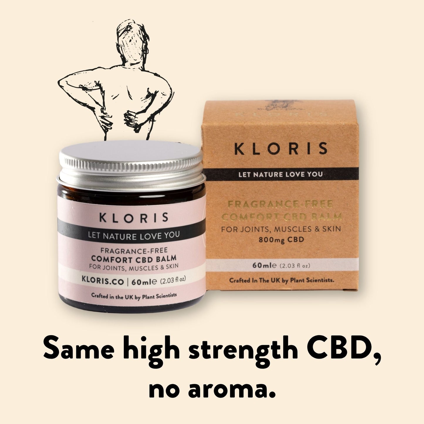 Kloris CBD balm jar and box on a beige background with text about CBD strength and aroma.