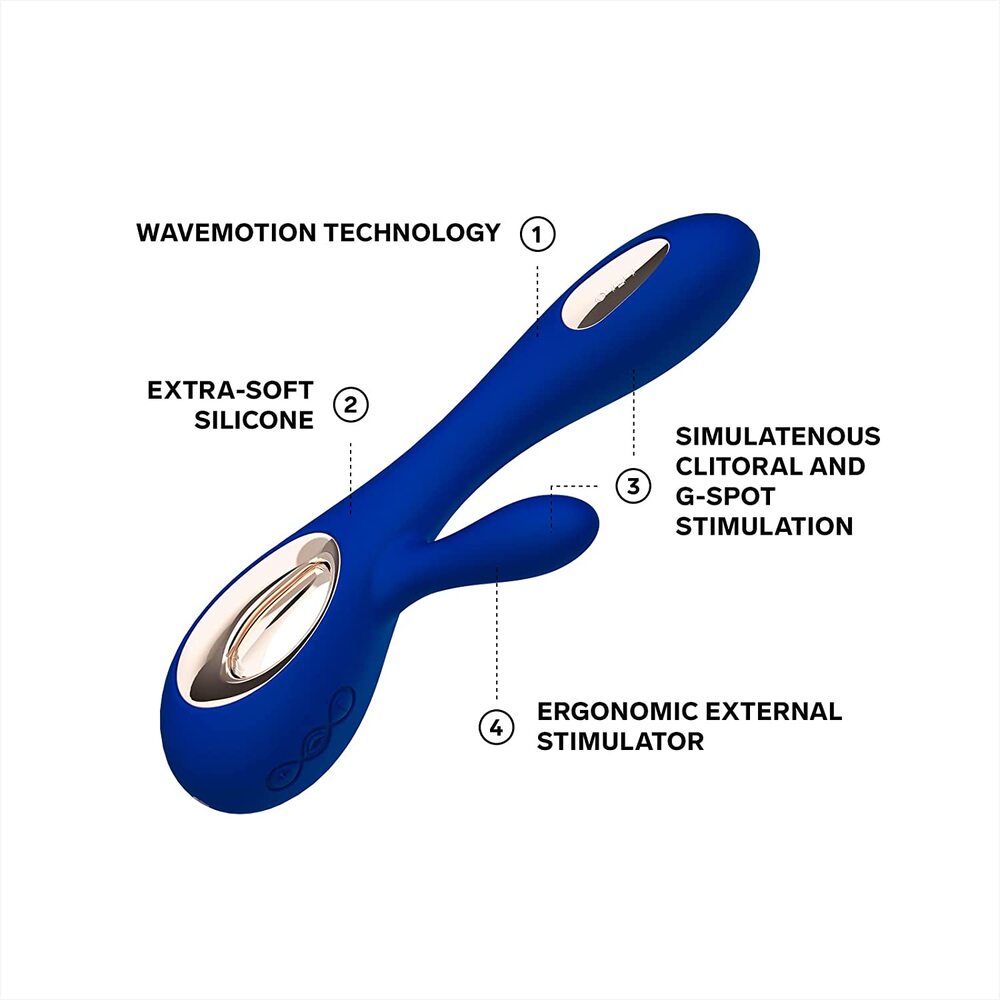 Lelo Midnight Blue Wave Dual Rechargeable Vibrator features on white background. image 3