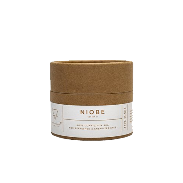 Brown cylindrical container with a white label featuring the brand 'Niobe' on a white background.