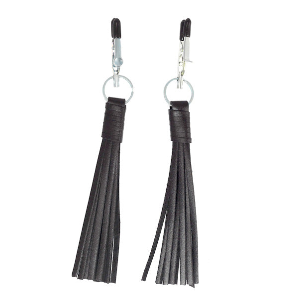 Nipple Clamps With Black Leather Tassels on white background. image 1