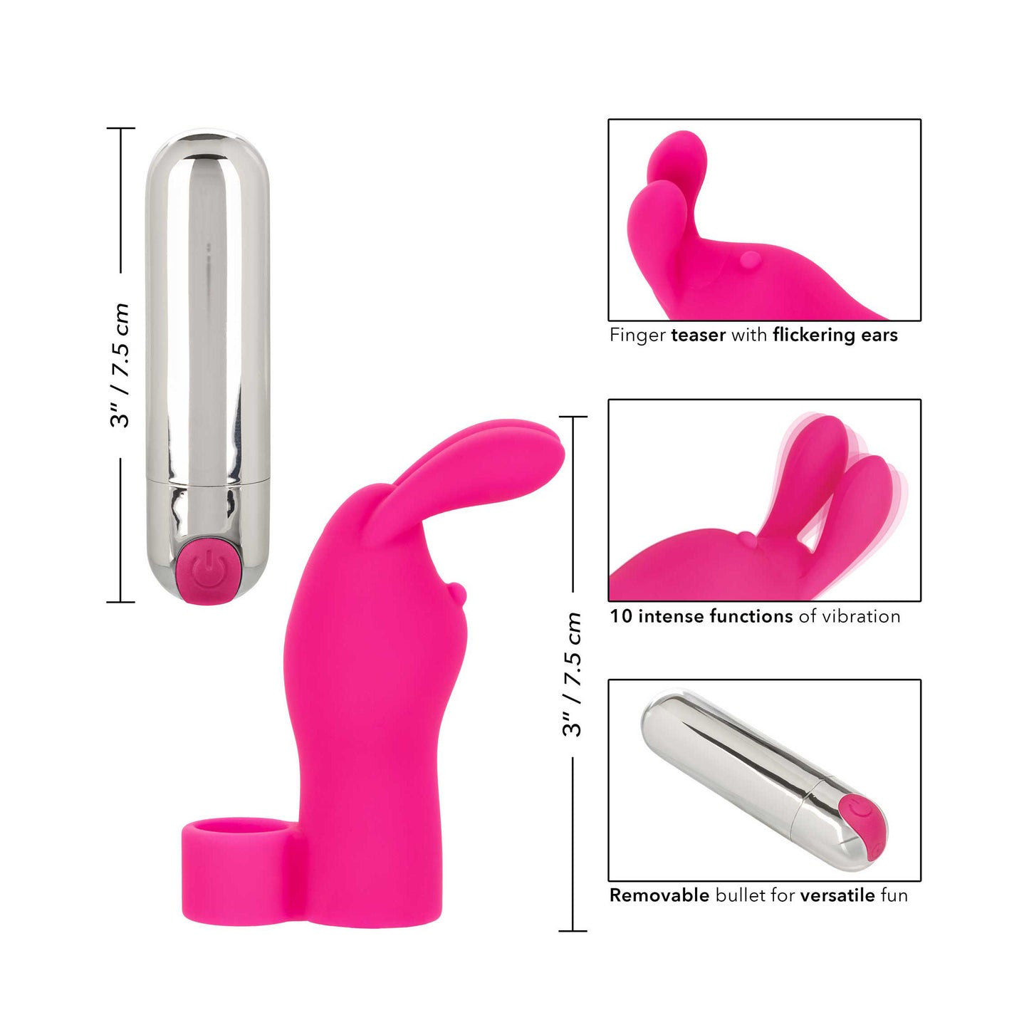 Pink Bunny Finger Vibrator size guide on white background. image 3
