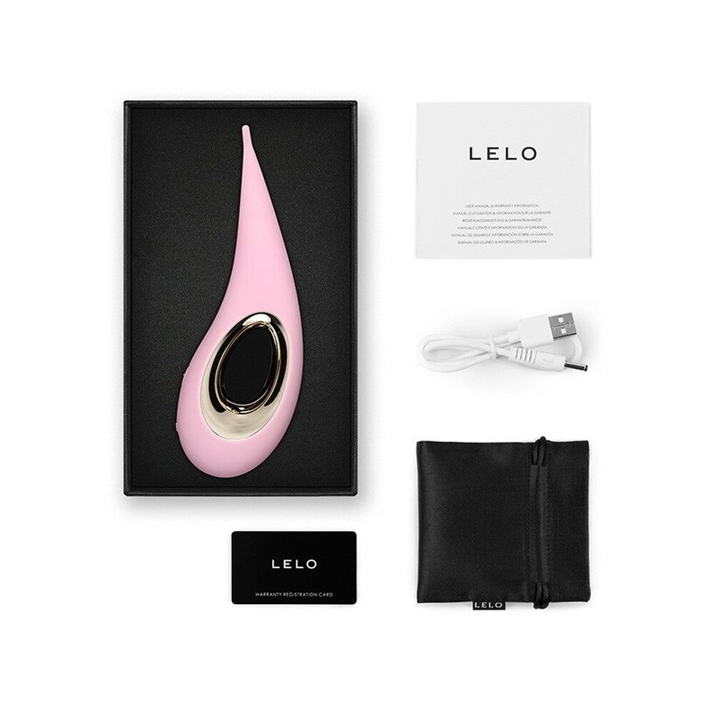 Pink Elliptical Clitoral Stimulator with charger on white background. image 2