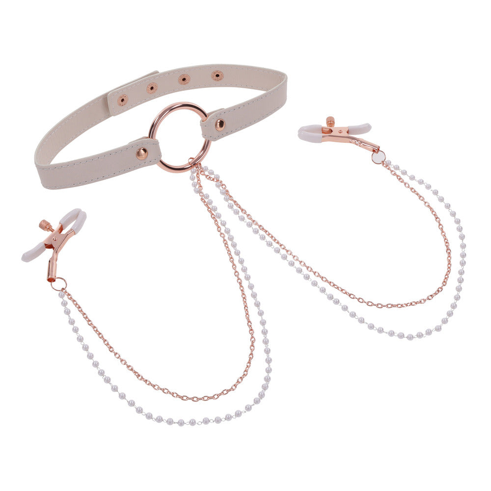 Pink Sex and Mischief Collar with Nipple Clamps on white background. image 3