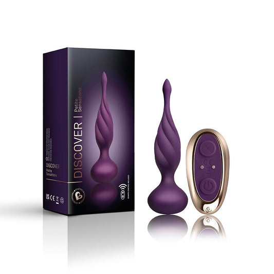 Purple Petite Sensations Butt Plug with remote and box on white background. image 2