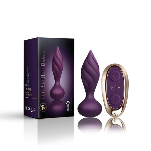 Purple and Gold Petite Sensations Butt Plug with remote and box on white background. image 2