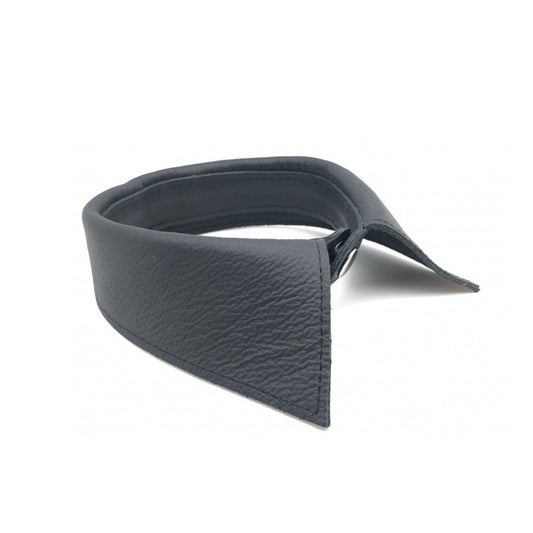 black leather collar on white background. image 2. side view.