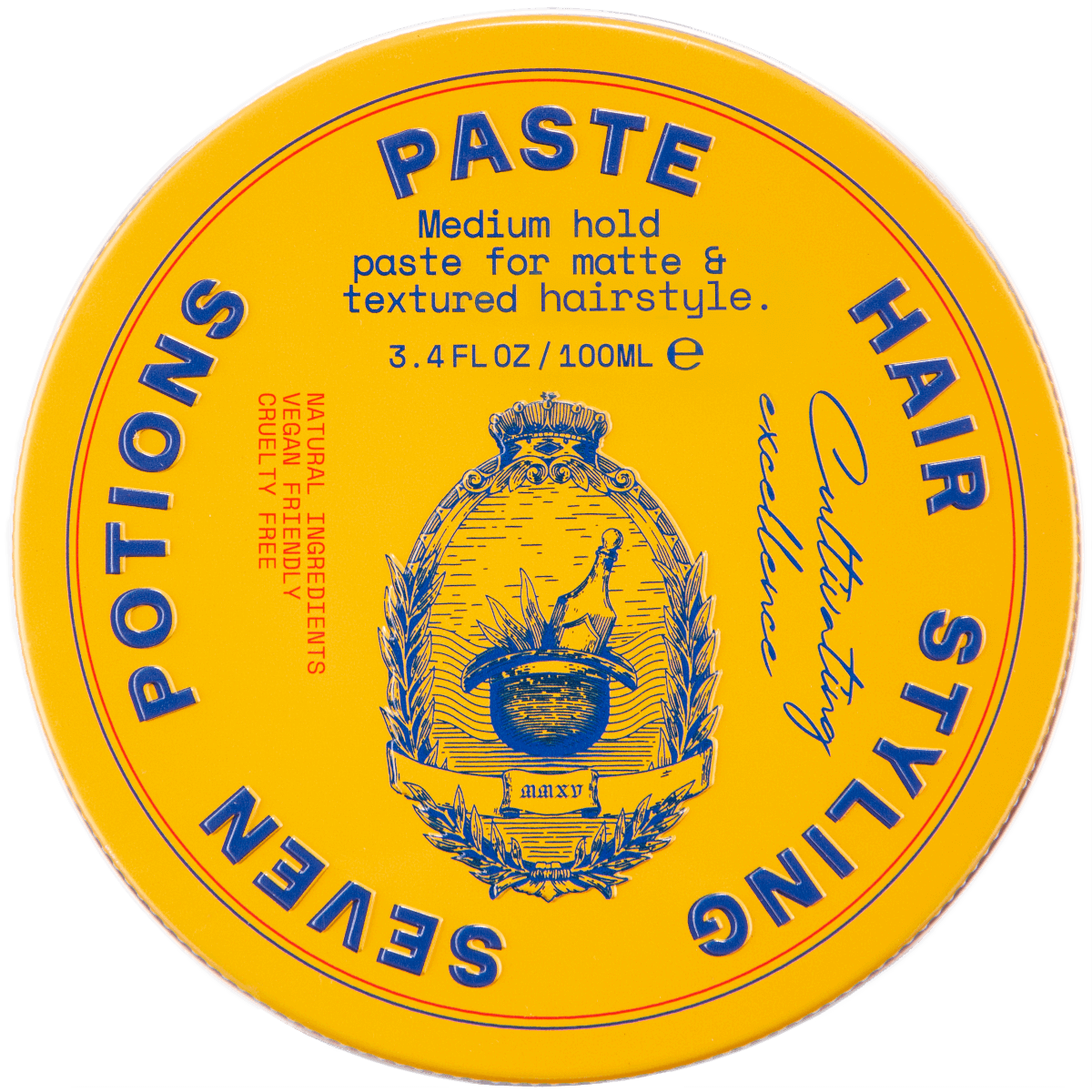 Yellow container of Seven Potions hair styling paste with branding and product details.