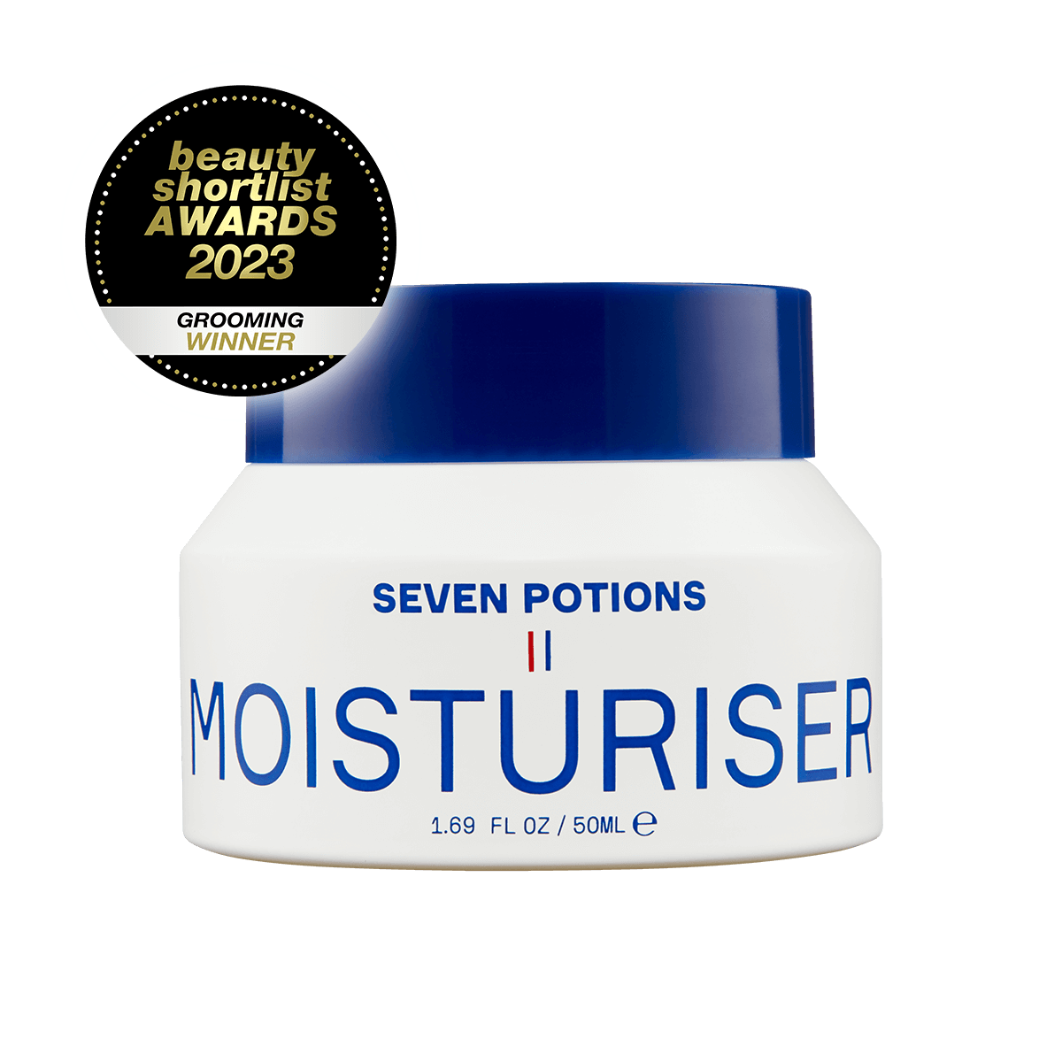 Seven Potions moisturizer jar with a blue lid on a black background, featuring an award badge.