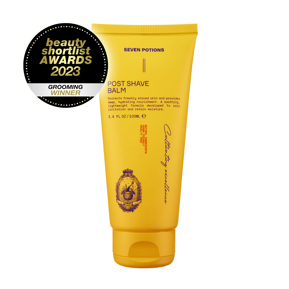 Yellow post-shave balm tube with 'Seven Potions' branding and a Beauty Shortlist Awards 2023 badge on a black background.
