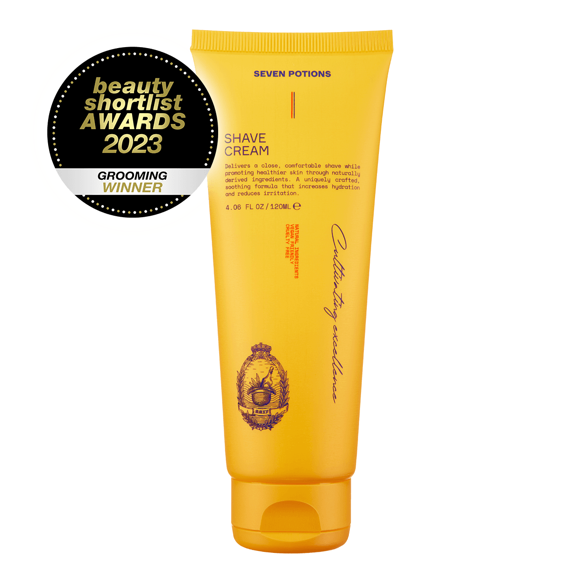 Yellow tube of shave cream with 'Seven Potions' branding on a black background, featuring an award badge for 'Grooming Winner' at the beauty shortlist awards 2023.