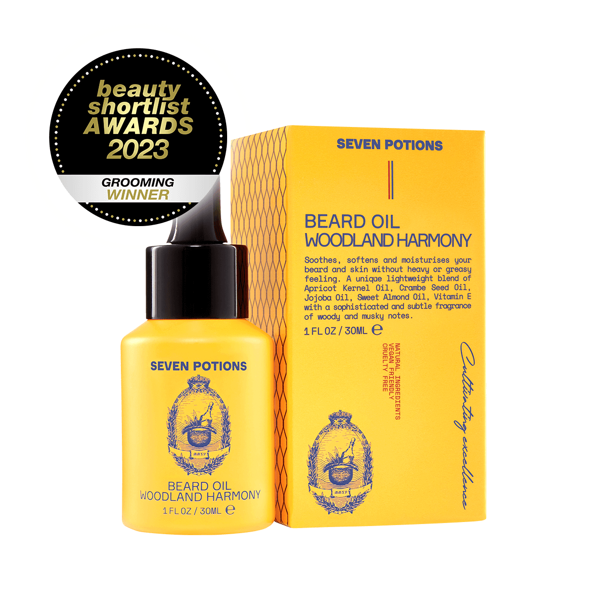 Seven Potions Beard Oil Woodland Harmony with packaging and an award badge on a black background